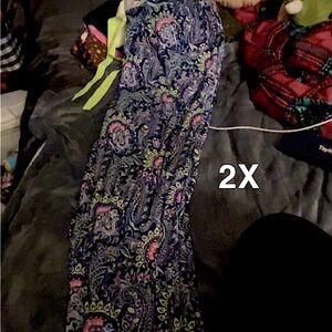 Navy and pink paisley print wide leg pants